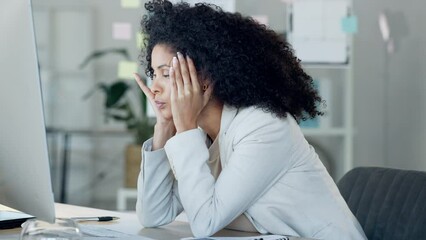 Stressed, tired and unhappy businesswoman with headache looking at screen in office. Exhausted employee struggling to finish a work task. Pressure and worry at work resulting in health problems - Powered by Adobe