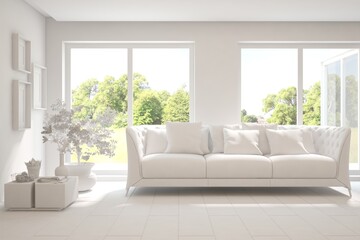 Mock up of stylish room in white color with sofa and green landscape in window. Scandinavian interior design. 3D illustration