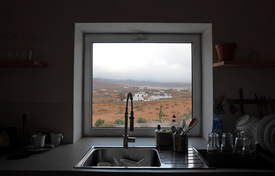 view on landscape Fuerteventura, seen through kitchen window
