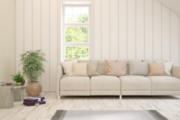 White living room with sofa and summer landscape in window. Scandinavian interior design. 3D illustration