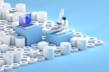 Laboratory with computer and microscope investigating a virus