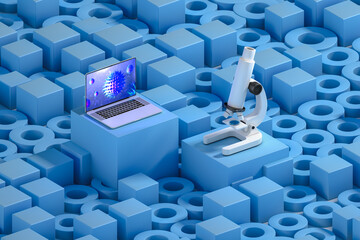 Laboratory with computer and microscope investigating a virus