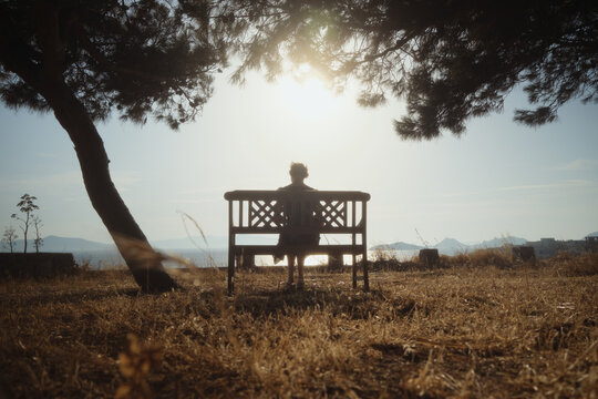 A woman in sunset light sits on a bench and admires the view.
