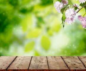 Product display, rustic wooden table in front of plantation in the sunlight.