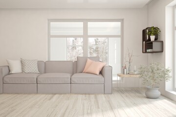 White living room with sofa. Scandinavian interior design. 3D illustration