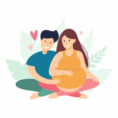 A happy couple husband and pregnant Jean are sitting together and hugging.