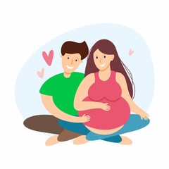 A happy couple husband and wife are expecting a baby. A pregnant woman. Vector illustration.