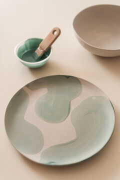 Brush-On Glaze Technique On The Bisque Fired Plate 