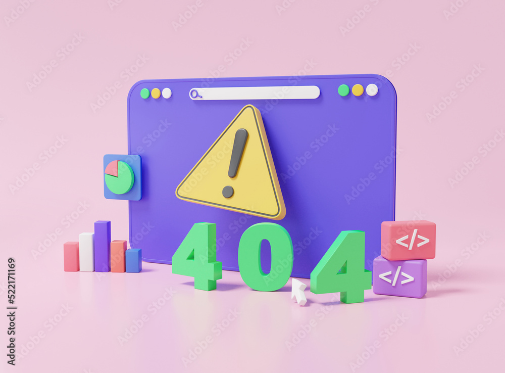 Poster 3d web browser, 404 error page not found, system maintenance updates concept. triangle warning alert