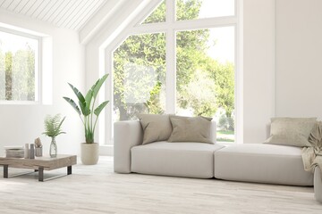 White living room with sofa and summer landscape in window. Scandinavian interior design. 3D illustration