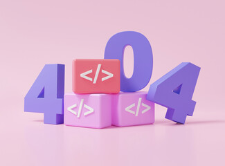 Coding language development 404 error page not found on pink background. bug software developer concept. minimal cartoon sytle. 3d render illustration. website maintenance programmer