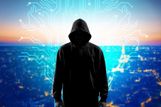 Hacker over Abstract Digital Background with Elements of Computer Programs. Concept of Data thief, internet fraud, darknet and cyber security.