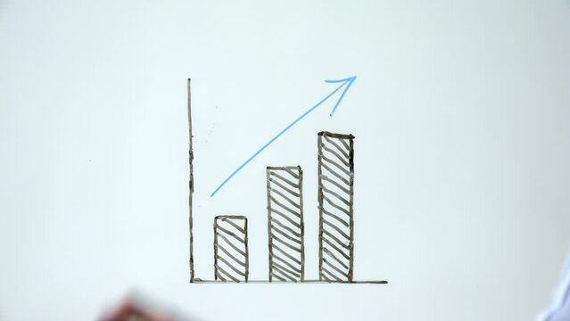 Business person showing growth of finance. investment and assets. Hand planning, writing and drawing a graph on a glass wall in an office boardroom during a presentation, workshop or seminar.