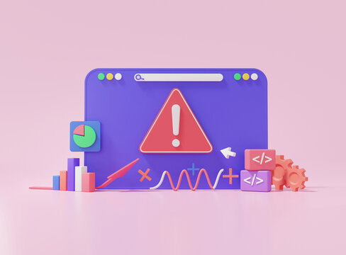 404 error page not found bug red triangle warning alert, Minimal cartoon web browser, System maintenance updates concept. coding program software development, website. 3d render illustration