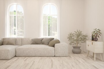 White living room with sofa and summer landscape in window. Scandinavian interior design. 3D illustration