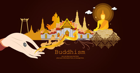 Vesak day banner of frame Big Buddha statue and hand of frame vector background - Temple religion Thailand culture Thai pattern