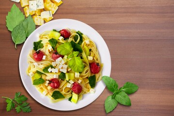 Pasta with basil pesto sauce. Tasty dish