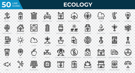 Fototapeta na wymiar Set of 50 Ecology web icons in line style. Recycling, biology, renewable energy. Outline icons collection. Vector illustration