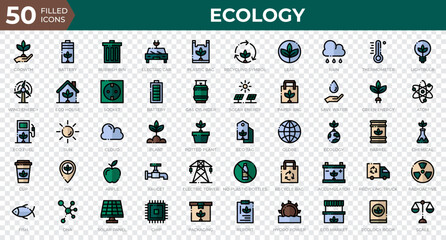 Fototapeta na wymiar Set of 50 Ecology web icons in filled outline style. Recycling, biology, renewable energy. Filled outline icons collection. Vector illustration
