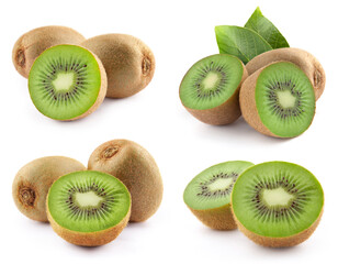 Fototapeta premium Kiwi collection with leaves isolated on white background. Kiwi set Clipping Path. Kiwi macro studio photo