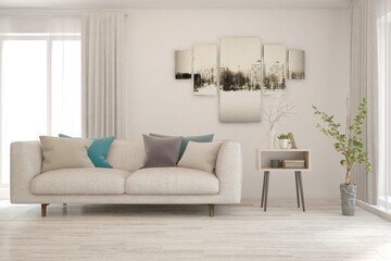 Modern living room in white color with sofa. Scandinavian interior design. 3D illustration