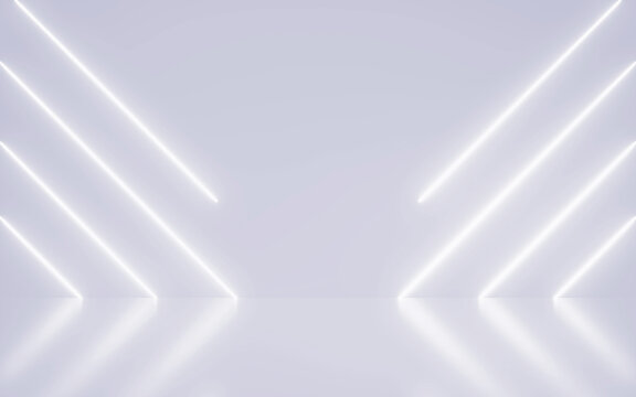 Neon Light Shapes line diagonals on colorful and reflective floor, highlight concept.