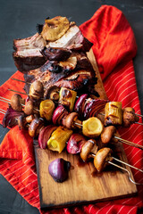 Barbecue skewers meat kebabs with vegetables