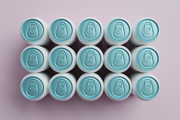 3d abstraction of metal cans white and  blue arranged on a background