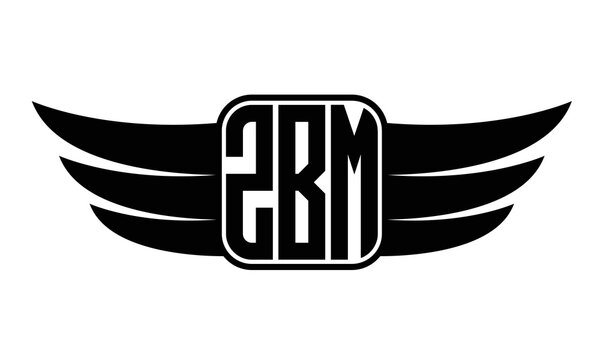ZBM three-letter Wing black and white logo design. Vector template