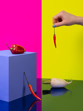 Colorful still life with chili peppers, turnip and female hand