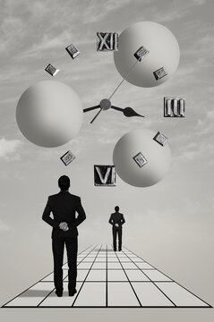 Collage With Standing Man, Spheres And Clock