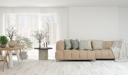 White living room with sofa and winter landscape in window. Scandinavian interior design. 3D illustration