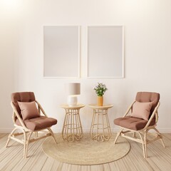 Mock up frame scandinavian style interior living room background frame mockup with beige chair set.3d rendering