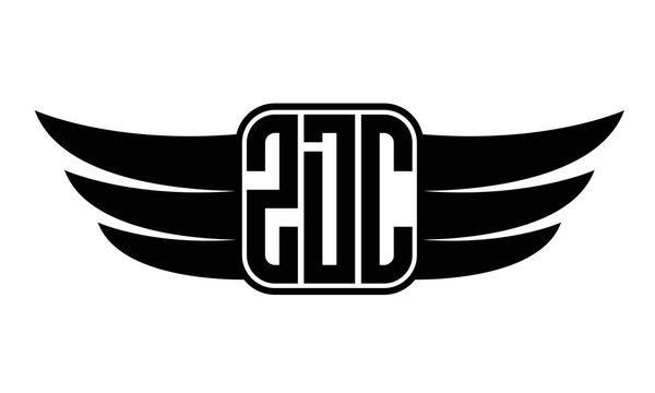 ZDC three-letter Wing black and white logo design. Vector template