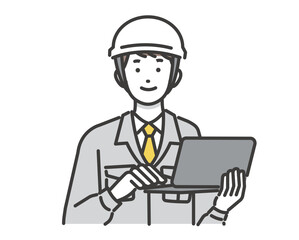 DX推進でパソコンを持つ作業員のベクターイラスト素材／建築／IT／物流