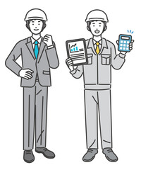 DX推進でタブレットやパソコンを持つ作業員やスーツ姿の男性のベクターイラスト素材／建築／IT／物流