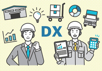 DX推進でタブレットやパソコンを持つ作業員とスーツ姿の男性と物流（ロジスティクス）のアイコンのベクターイラスト素材／建築／IT／物流