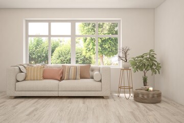 White living room with sofa and summer landscape in window. Scandinavian interior design. 3D illustration