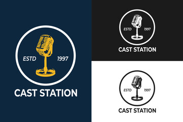 Logo Podcast or Radio design using Microphone Vector icon flat illustration VIntage Style