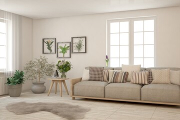 White living room with sofa. Scandinavian interior design. 3D illustration