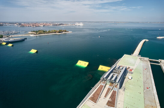 Venice MOSE tide barrier floodgates: sea level rise climate adaptation
