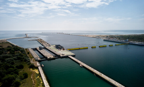 Venice MOSE tidal barrier floodgate: adaptation to rising seas, aerial