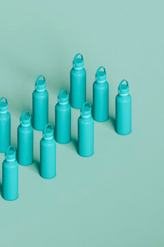 water bottles on blue