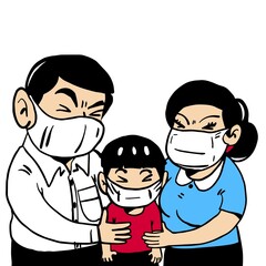 cartoon family wearing a mask to prevent virus