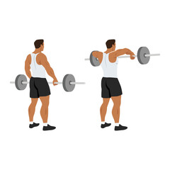 Man doing barbell upright row exercise flat vector illustration isolated on white background