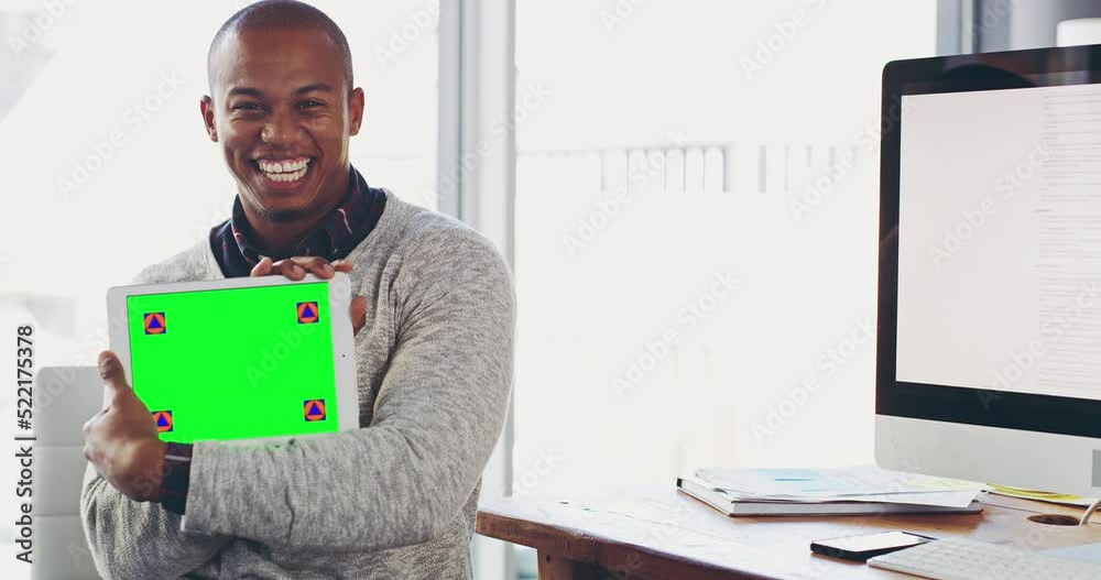 Poster greenscreen, copyspace and chromakey on a tablet screen with tracking markers shown by a happy, conf