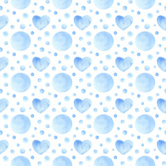 Seamless pattern with hearts and bubbles on a white background. Hand painted watercolor background in soft blue pastel palette.