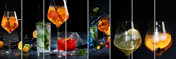 Collage made of Cocktails assortment served on dark background.