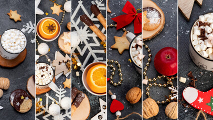 Collage of Christmas table setting with sweet treats.