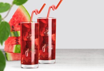 Fresh summer cocktail watermelon juice with ice in glass